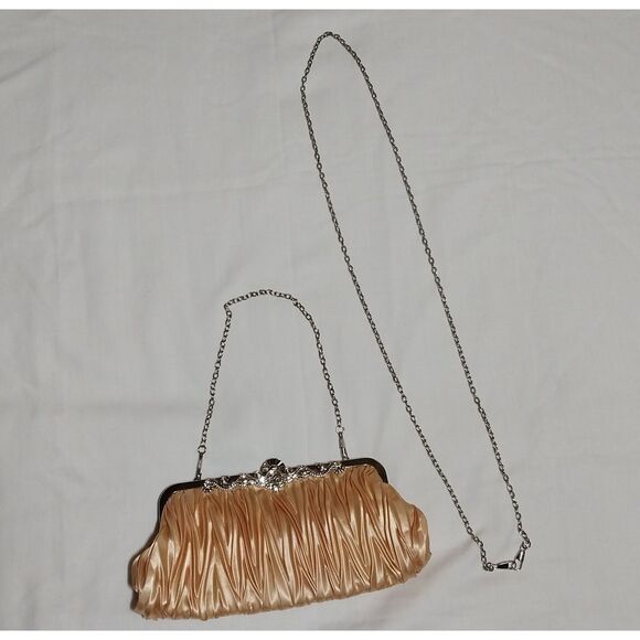 Unbranded clutch shoulder bag / butter yellow satin & crystal / 2 silver chains - Picture 1 of 6